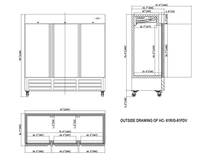 81'' wide Three Door Refrigerator 63 Cu.ft 3 Solid Door ETL Sanitation APPROVED